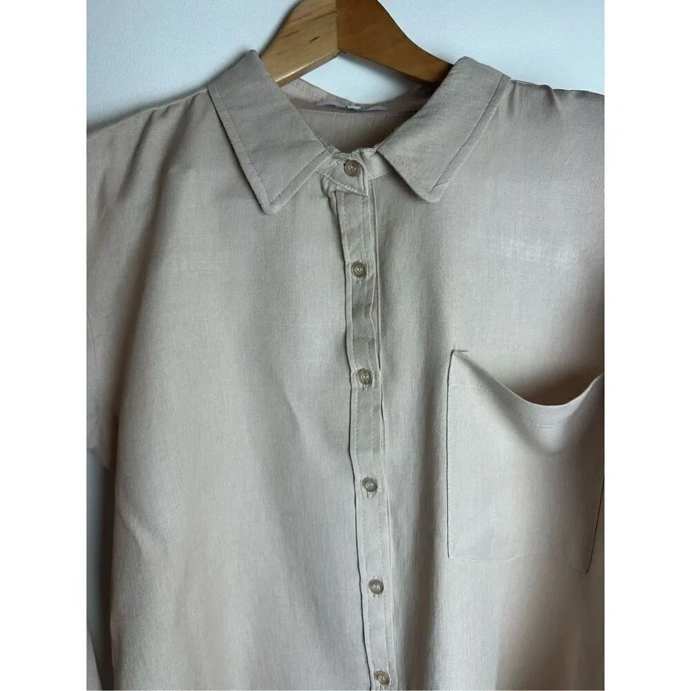 beige linen button up shirt long sleeve